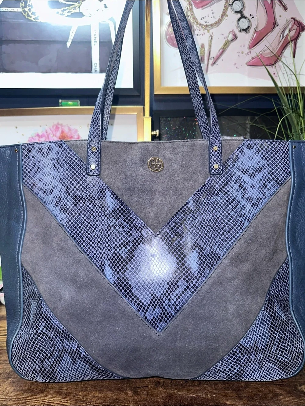 Tory Burch Chevron Color-Block Tote Blue Suede Pebbled Leather